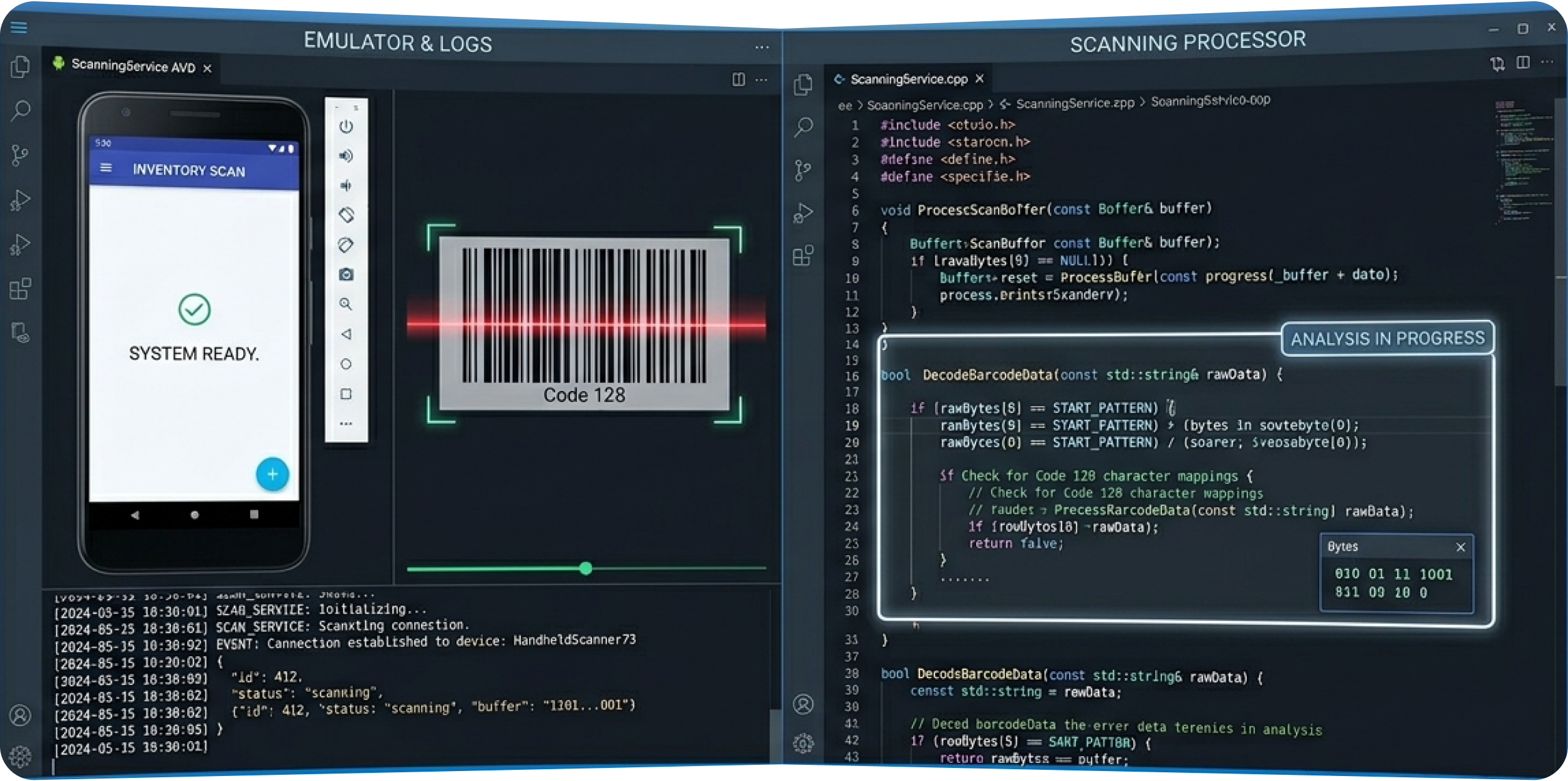 Android emulator and scanning code analysis interface